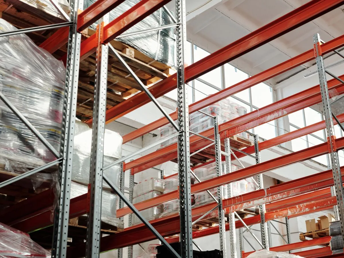 Pallet racking and wrapped stock in a commercial warehouse