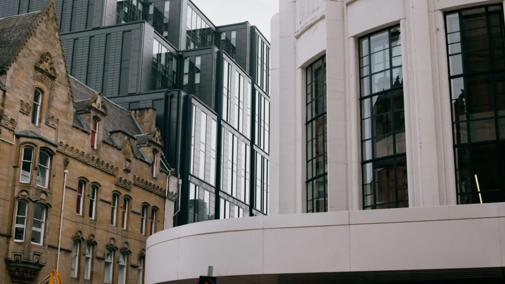 Victorian and modern buildings on a Glasgow city street